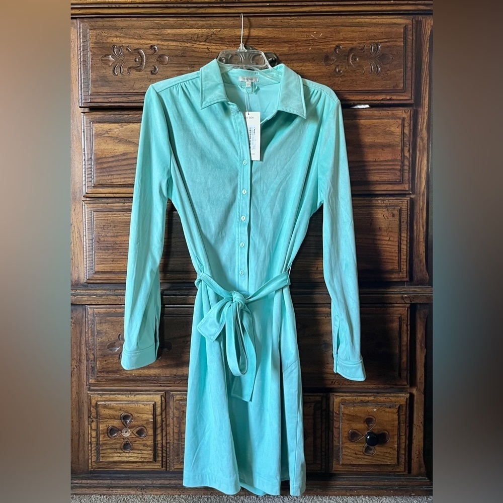 NWT Tyler Boe - Ziva Aqua Faux Suede Long Sleeve Shirt Dress